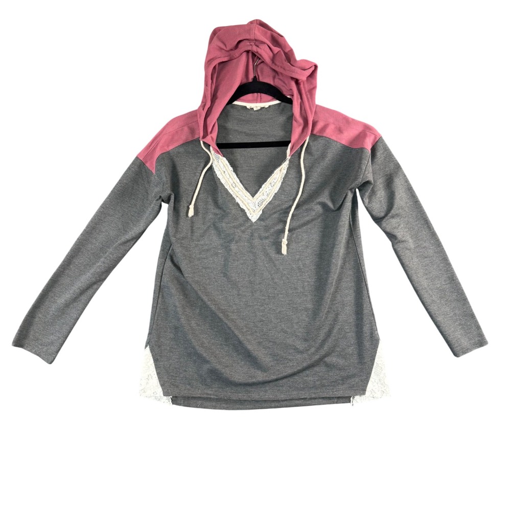 Hem & Thread Gray Pink Lace Trim Soft‎ Girl Lounge Hoodie Tunic Top S